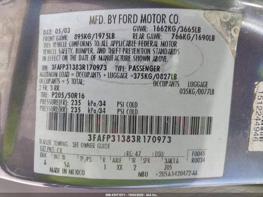 2003 Ford Focus Zx3 VIN: 3FAFP31383R170973 Lot: 43371071