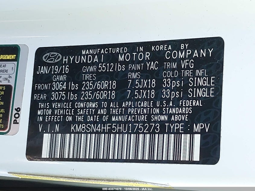 2017 HYUNDAI SANTA FE SE KM8SN4HF5HU175273