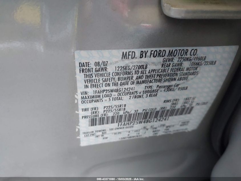 2008 Ford Taurus Limited VIN: 1FAHP25W48G124241 Lot: 43371080