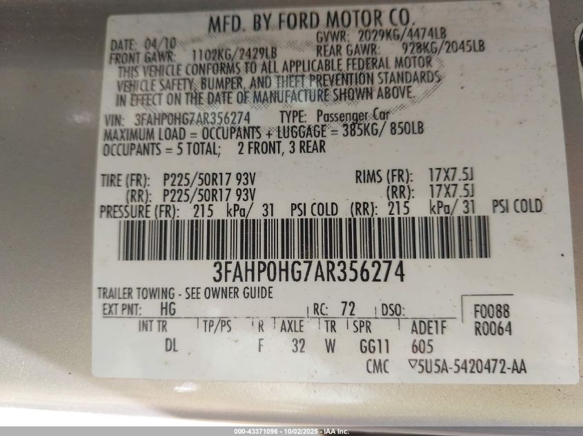 2010 Ford Fusion Se VIN: 3FAHP0HG7AR356274 Lot: 43371096