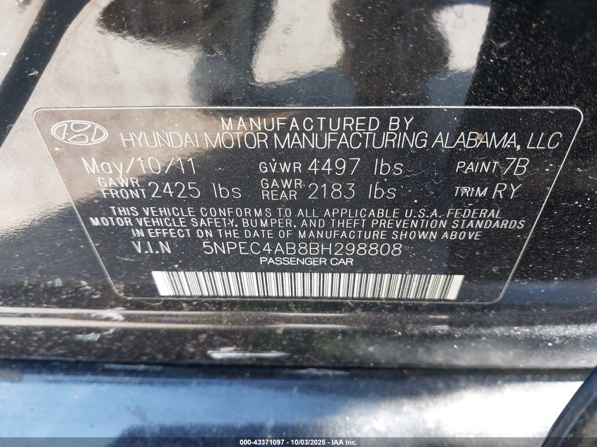 2011 Hyundai Sonata Se/Limited VIN: 5NPEC4AB8BH298808 Lot: 43371097