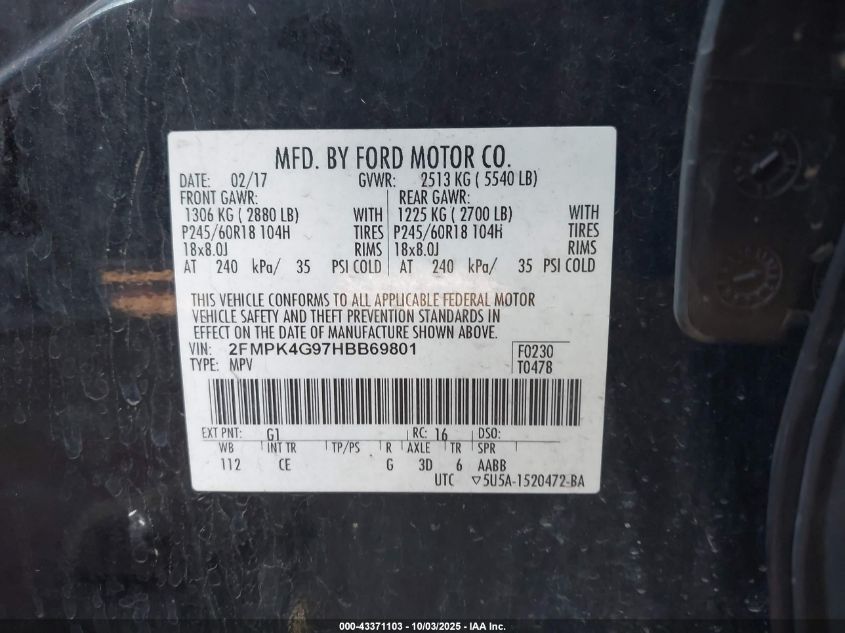 2017 Ford Edge Se VIN: 2FMPK4G97HBB69801 Lot: 43371103