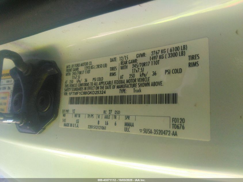 2016 Ford F-150 Xl VIN: 1FTMF1C88GKD25324 Lot: 43371112