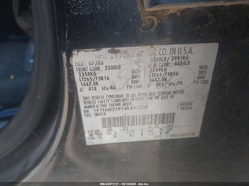 2004 Ford F-250 Lariat/Xl/Xlt VIN: 1FTNW21P14EA13232 Lot: 43371117