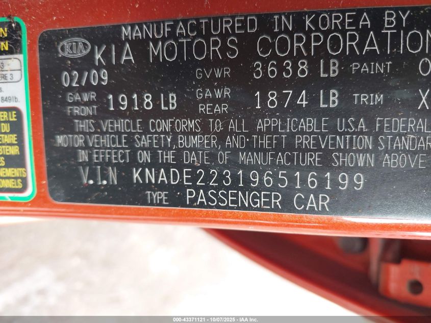 2009 Kia Rio Lx VIN: KNADE223196516199 Lot: 43371121