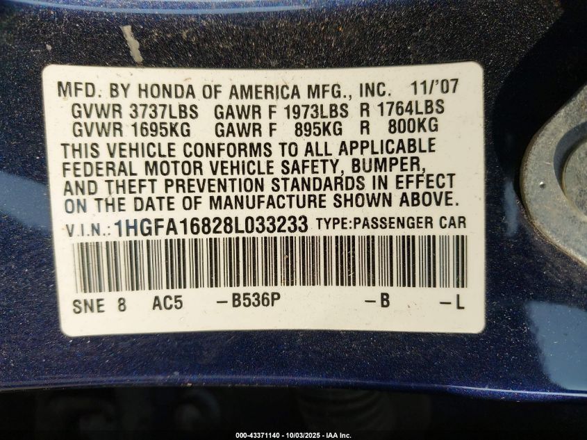 2008 Honda Civic Ex VIN: 1HGFA16828L033233 Lot: 43371140