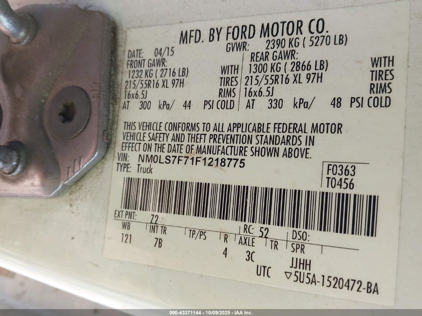 2015 Ford Transit Connect Xlt VIN: NM0LS7F71F1218775 Lot: 43371144