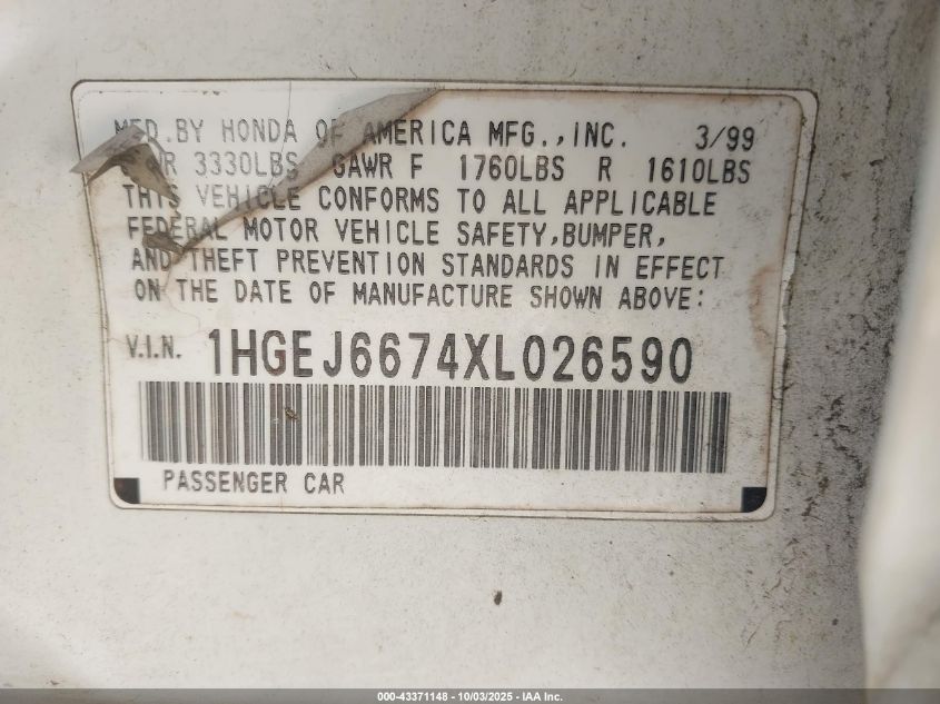 1999 Honda Civic Lx VIN: 1HGEJ6674XL026590 Lot: 43371148