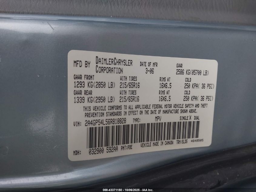 2006 Chrysler Town & Country Touring VIN: 2A4GP54L56R818828 Lot: 43371150