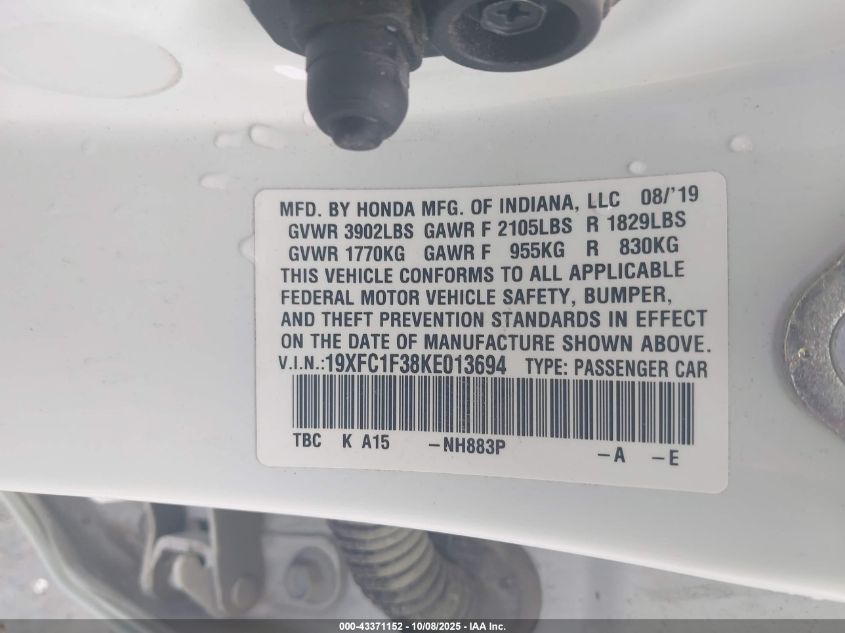 2019 Honda Civic Ex VIN: 19XFC1F38KE013694 Lot: 43371152
