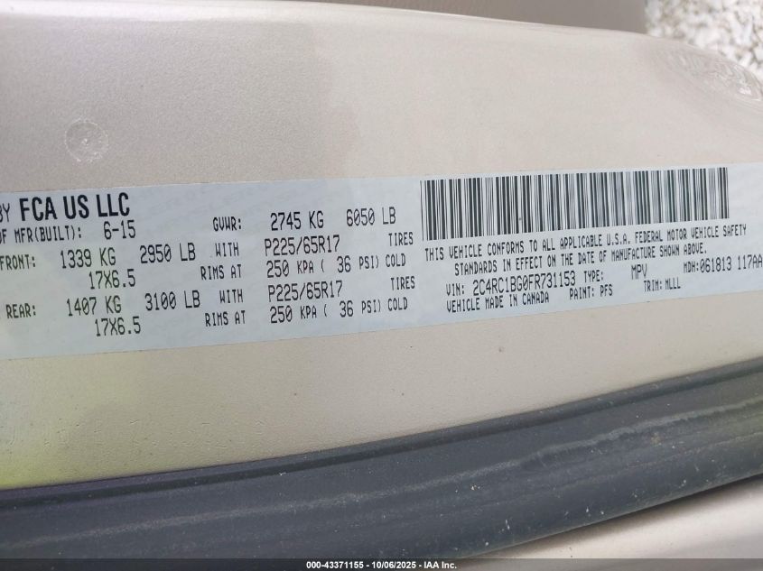 2015 Chrysler Town & Country Touring VIN: 2C4RC1BG0FR731153 Lot: 43371155