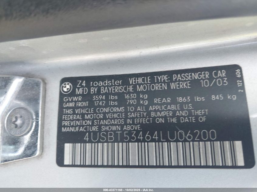 2004 BMW Z4 3.0I VIN: 4USBT53464LU06200 Lot: 43371168