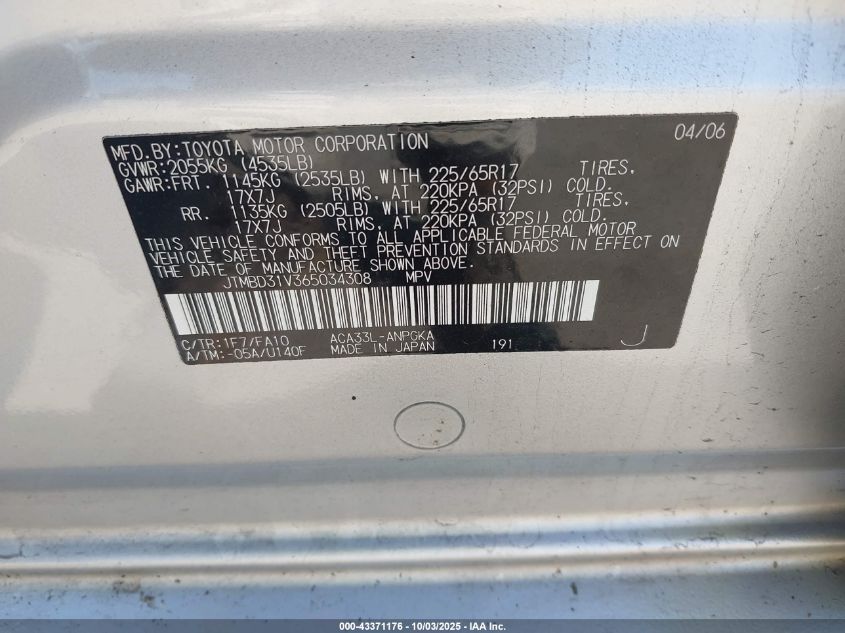 2006 Toyota Rav4 Limited VIN: JTMBD31V365034308 Lot: 43371176