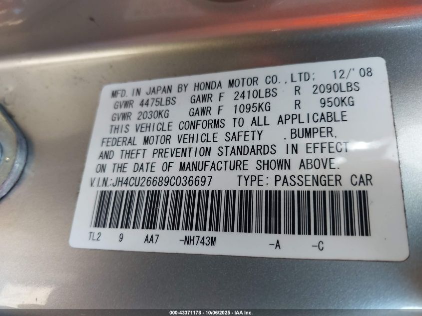 2009 Acura Tsx VIN: JH4CU26689C036697 Lot: 43371178