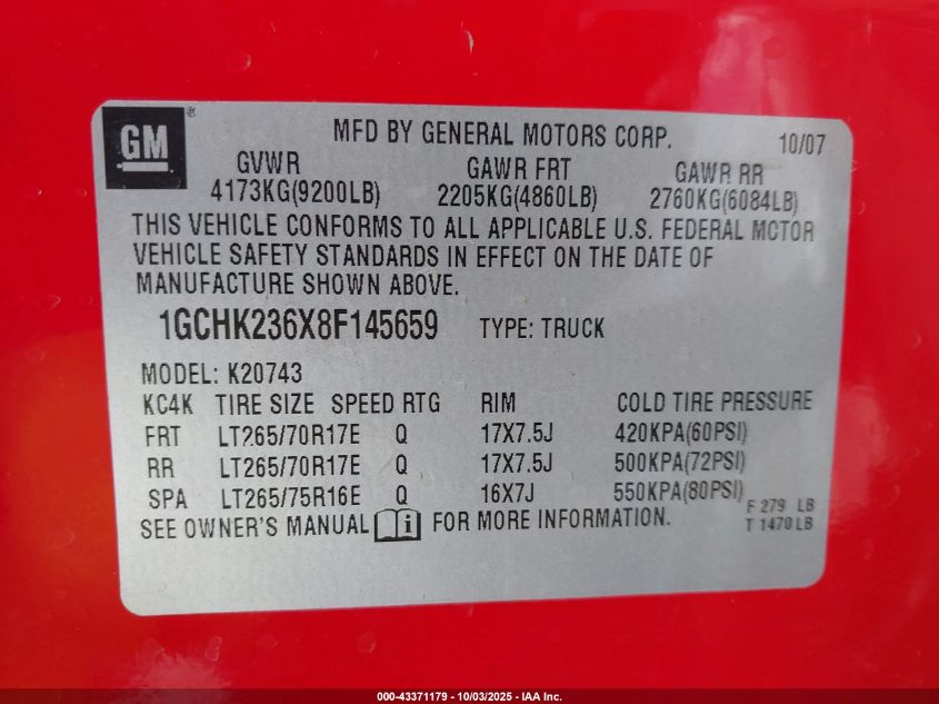 2008 Chevrolet Silverado 2500Hd Ltz VIN: 1GCHK236X8F145659 Lot: 43371179