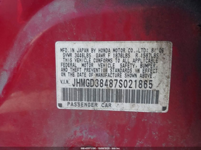 2007 Honda Fit VIN: JHMGD38487S021865 Lot: 43371180