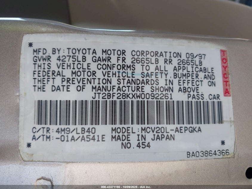 1998 Toyota Camry Xle V6 VIN: JT2BF28KXW0092261 Lot: 43371190