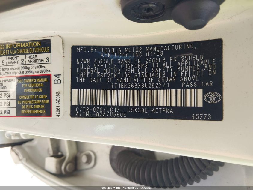 2008 Toyota Avalon Limited VIN: 4T1BK36BX8U292771 Lot: 43371195