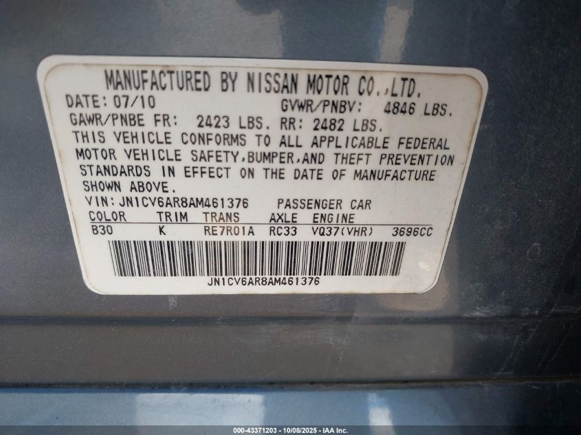 2010 Infiniti G37X VIN: JN1CV6AR8AM461376 Lot: 43371203