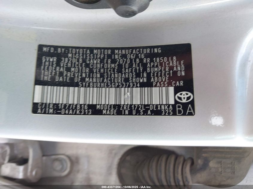 2016 Toyota Corolla Le VIN: 5YFBURHE5GP537934 Lot: 43371204