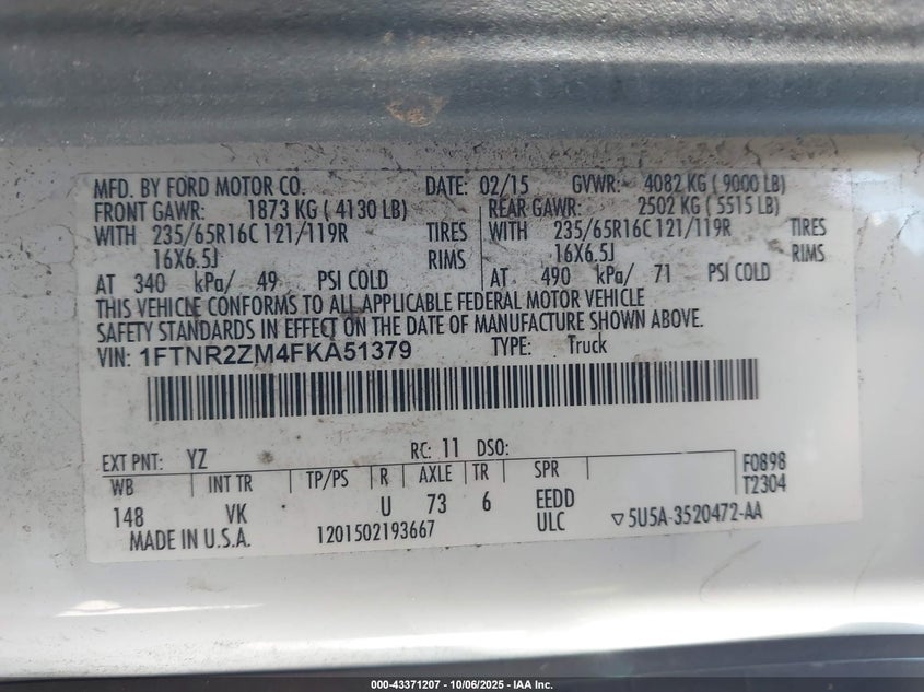 2015 Ford Transit-250 VIN: 1FTNR2ZM4FKA51379 Lot: 43371207
