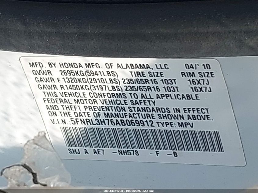 2010 Honda Odyssey Ex-L VIN: 5FNRL3H76AB069912 Lot: 43371208