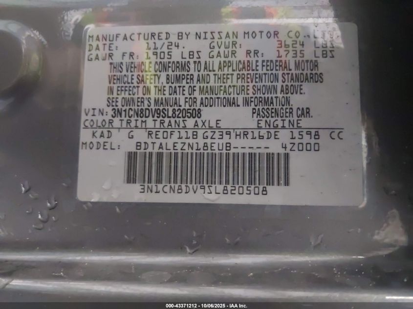 2025 Nissan Versa 1.6 S VIN: 3N1CN8DV9SL820508 Lot: 43371212