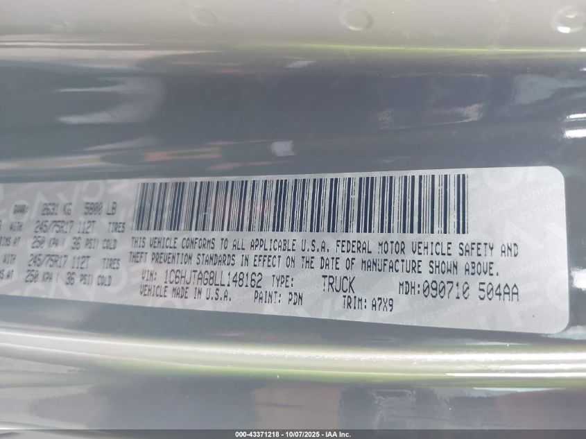 2020 Jeep Gladiator Sport S 4X4 VIN: 1C6HJTAG8LL148162 Lot: 43371218
