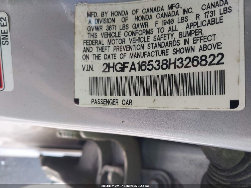 2008 Honda Civic Lx VIN: 2HGFA16538H326822 Lot: 43371221