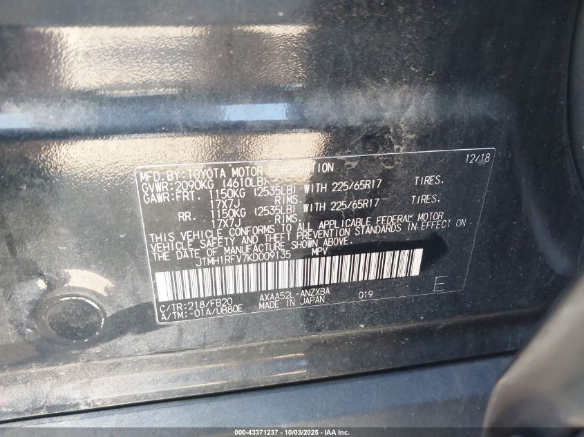 2019 Toyota Rav4 Le VIN: JTMH1RFV7KD009135 Lot: 43371237