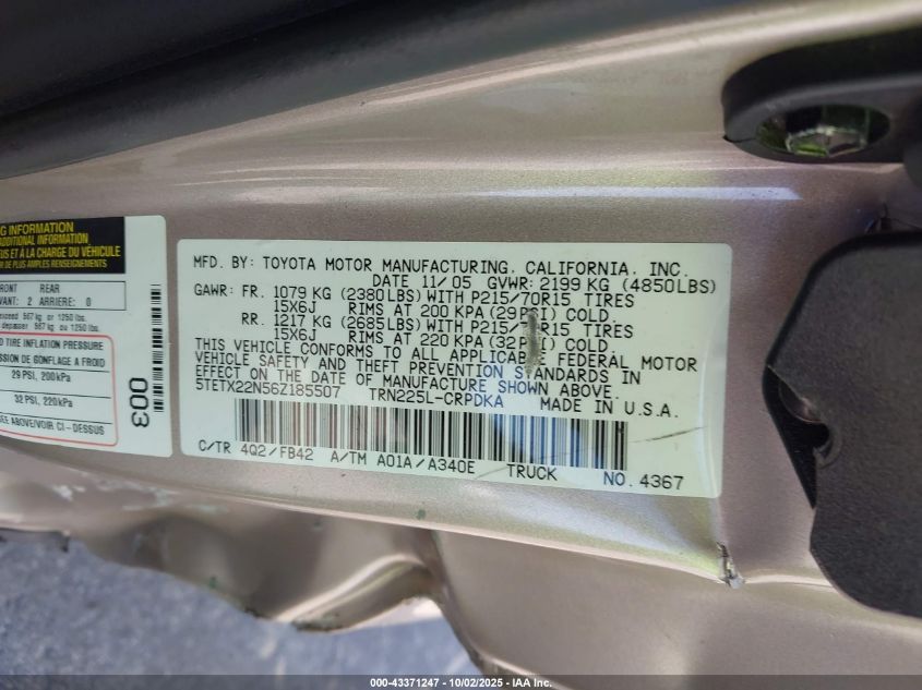 2006 Toyota Tacoma VIN: 5TETX22N56Z185507 Lot: 43371247