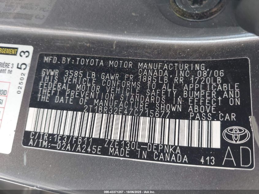 2007 Toyota Corolla Le VIN: 2T1BR32E47C715677 Lot: 43371257