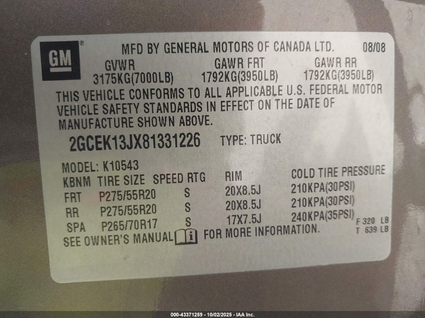 2008 Chevrolet Silverado 1500 Ltz VIN: 2GCEK13JX81331226 Lot: 43371259