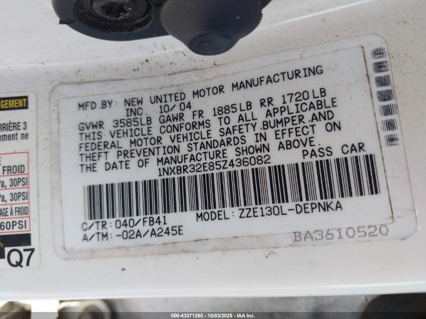 2005 Toyota Corolla Le VIN: 1NXBR32E85Z436082 Lot: 43371260