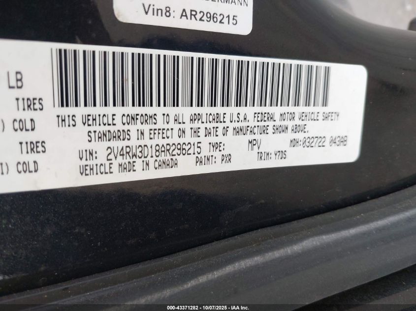 2010 Volkswagen Routan Se VIN: 2V4RW3D18AR296215 Lot: 43371282