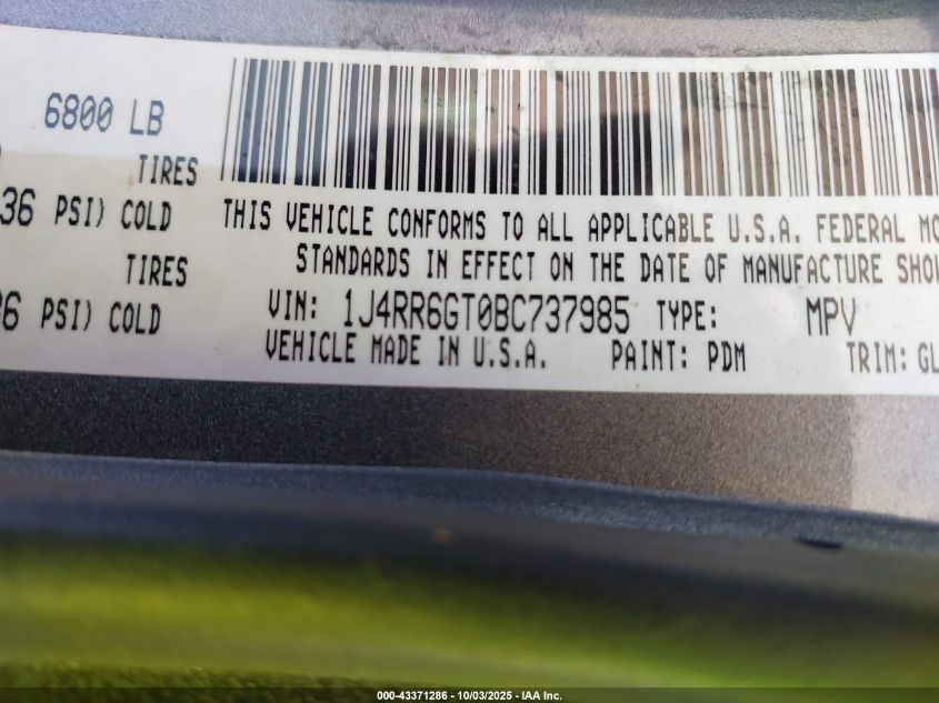 2011 Jeep Grand Cherokee Overland VIN: 1J4RR6GT0BC737985 Lot: 43371286