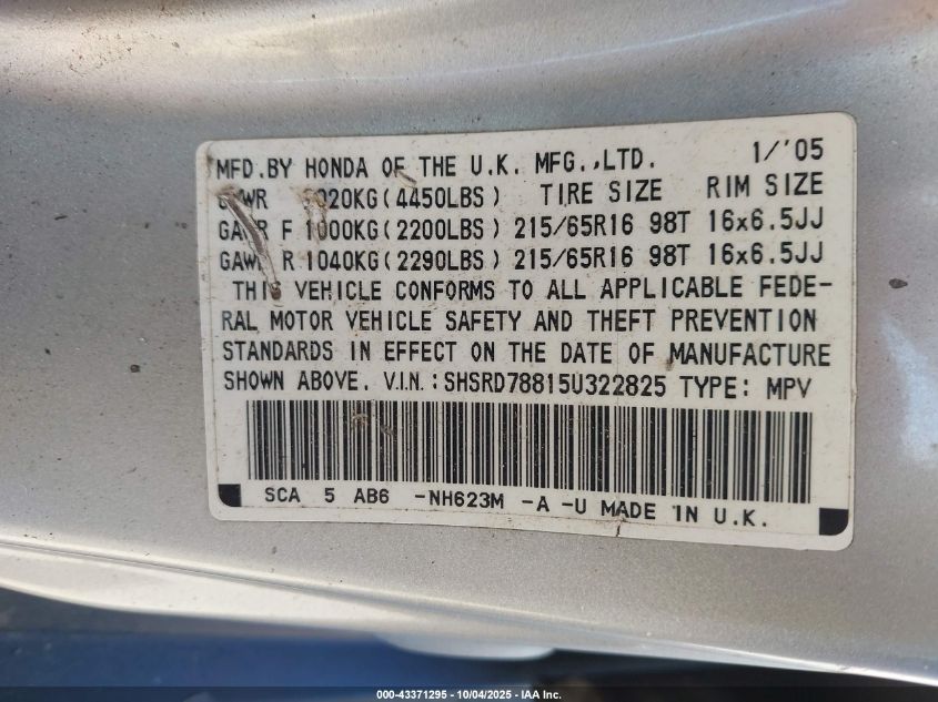 2005 Honda Cr-V Ex VIN: SHSRD78815U322825 Lot: 43371295