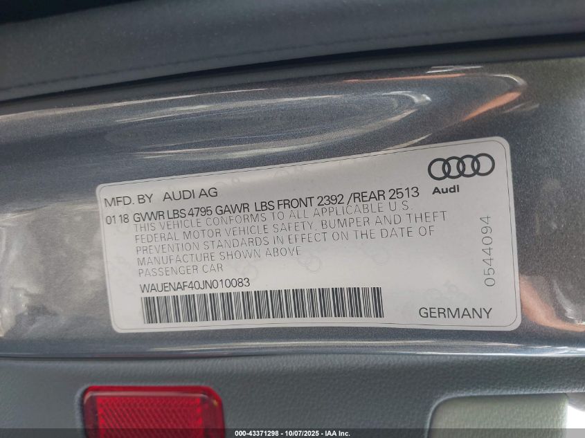 2018 Audi A4 2.0T Premium/2.0T Tech Premium VIN: WAUENAF40JN010083 Lot: 43371298