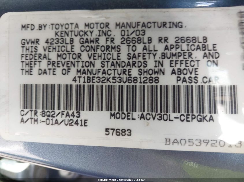 2003 Toyota Camry Xle VIN: 4T1BE32K53U681288 Lot: 43371301