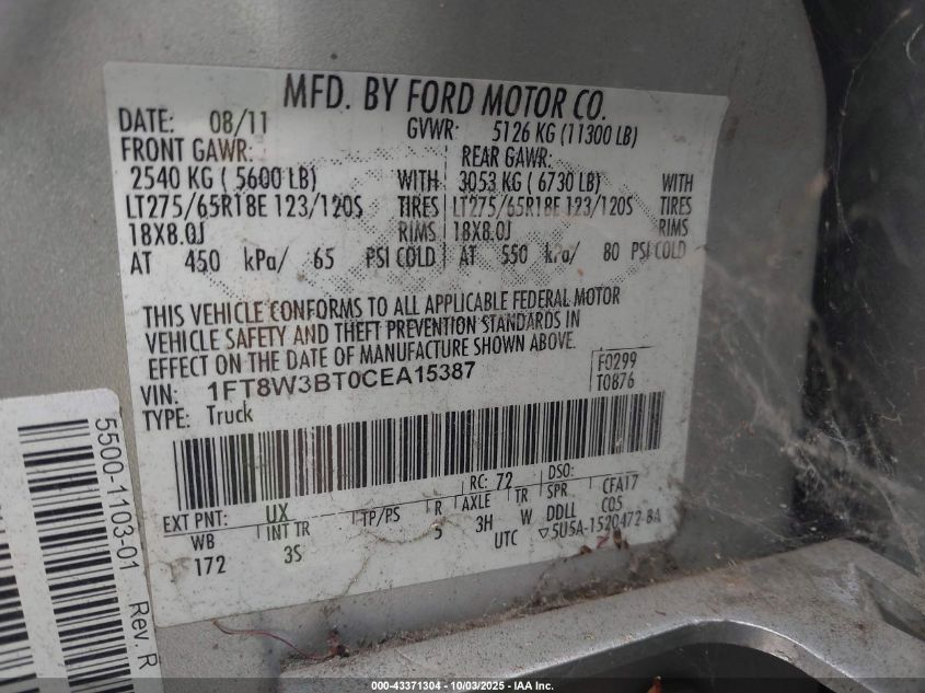 2012 Ford F-350 Xlt VIN: 1FT8W3BT0CEA15387 Lot: 43371304