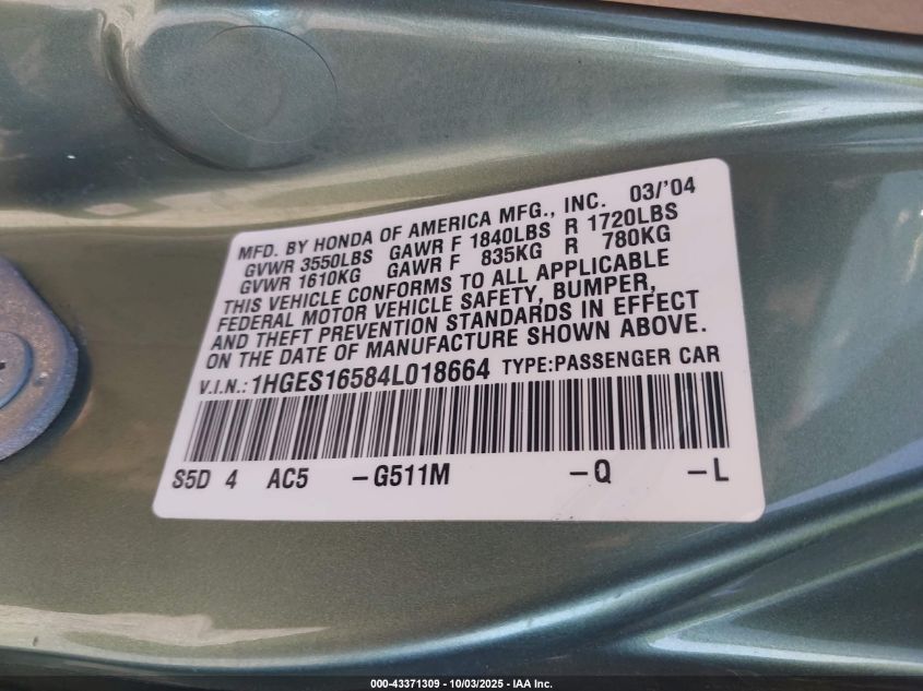 2004 Honda Civic Lx VIN: 1HGES16584L018664 Lot: 43371309