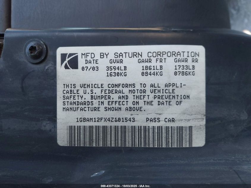 2004 Saturn Ion 2 VIN: 1G8AM12FX4Z101543 Lot: 43371324