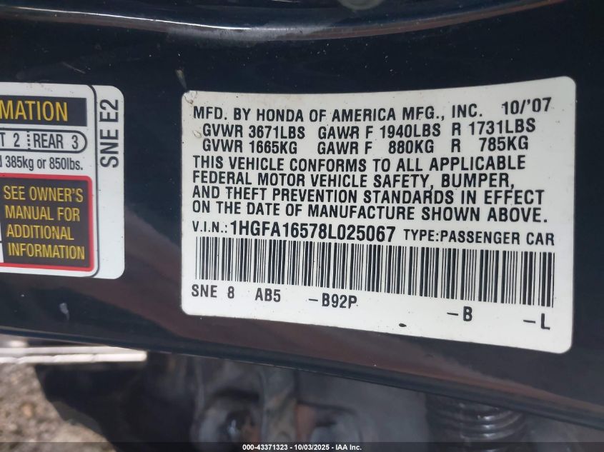 2008 Honda Civic Lx VIN: 1HGFA16578L025067 Lot: 43371323