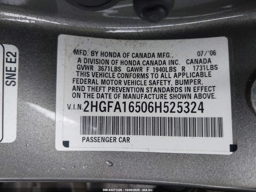 2006 Honda Civic Lx VIN: 2HGFA16506H525324 Lot: 43371326