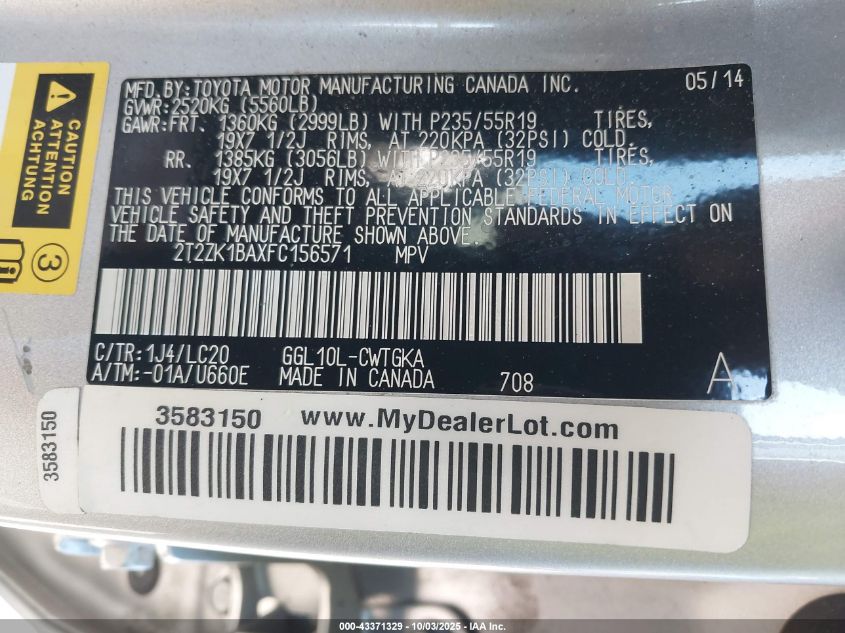 2015 Lexus Rx 350 VIN: 2T2ZK1BAXFC156571 Lot: 43371329