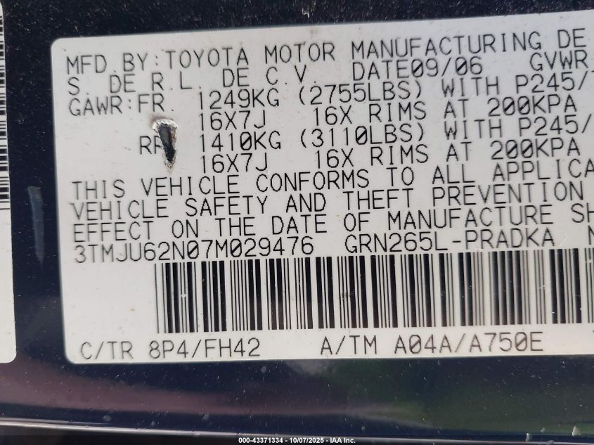 2007 Toyota Tacoma Prerunner V6 VIN: 3TMJU62N07M029476 Lot: 43371334