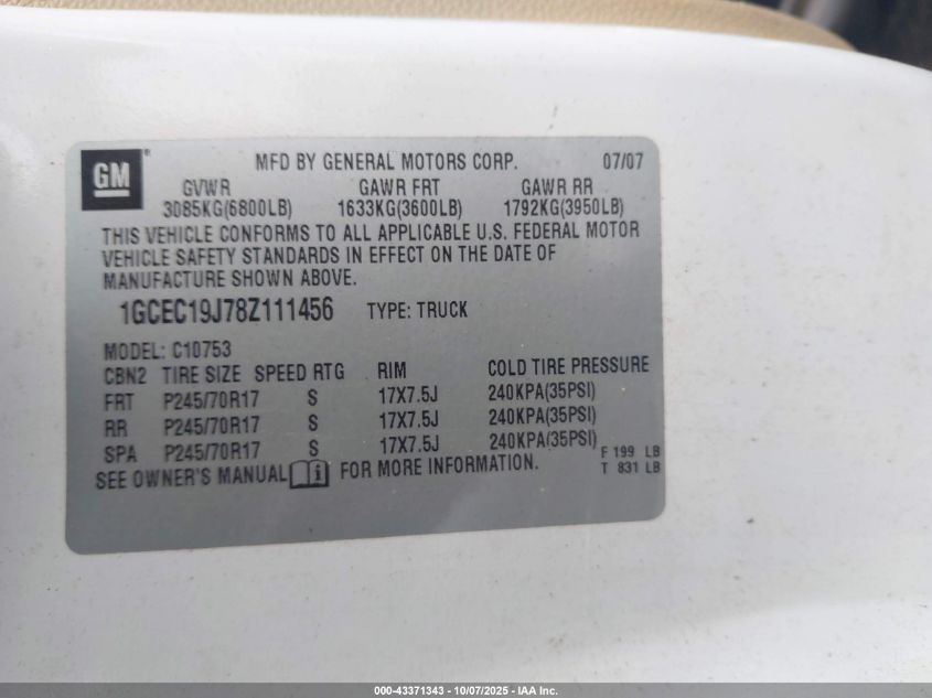 2008 Chevrolet Silverado 1500 Lt2 VIN: 1GCEC19J78Z111456 Lot: 43371343