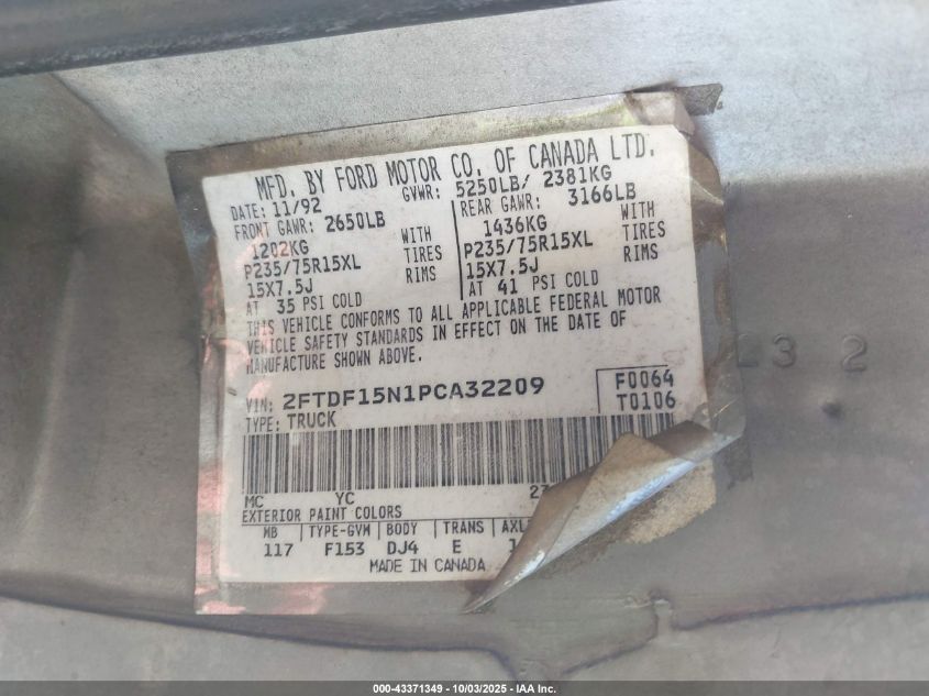 1993 Ford F150 VIN: 2FTDF15N1PCA32209 Lot: 43371349