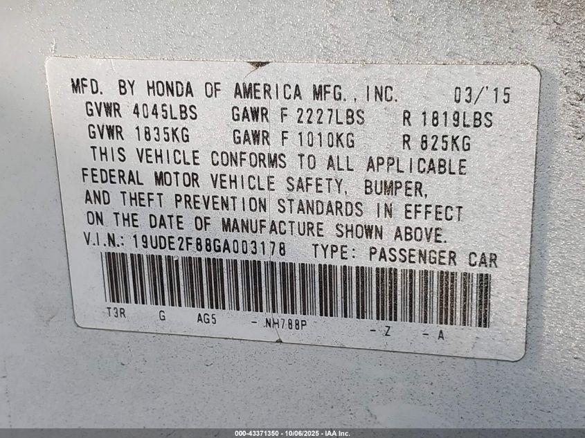 2016 Acura Ilx Premium A-Spec Packages/Technology Plus A-Spec Packages VIN: 19UDE2F88GA003178 Lot: 43371350