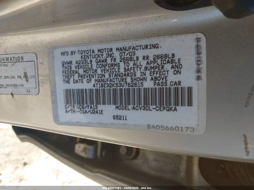 2003 Toyota Camry Xle VIN: 4T1BE32K53U762615 Lot: 43371351